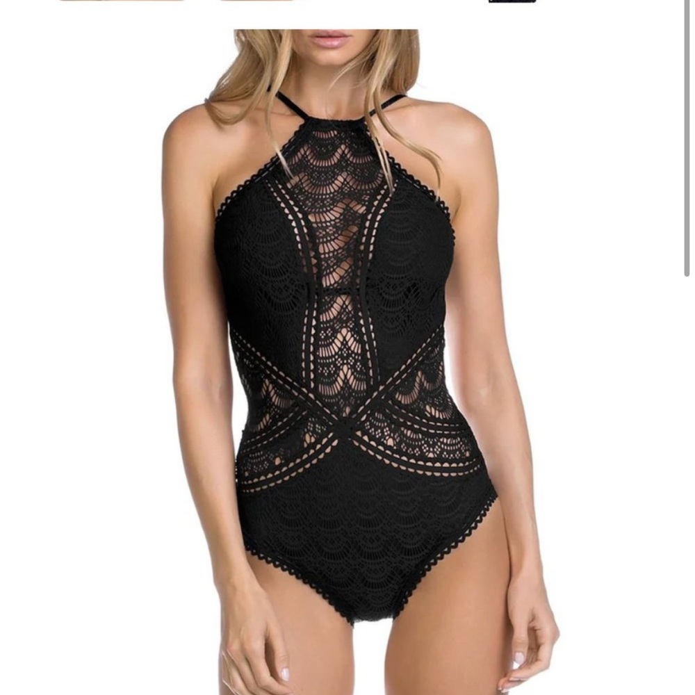 Becca by Rebecca Virtue Aurora Crochet One Piece Swimsuit High Neck In Black